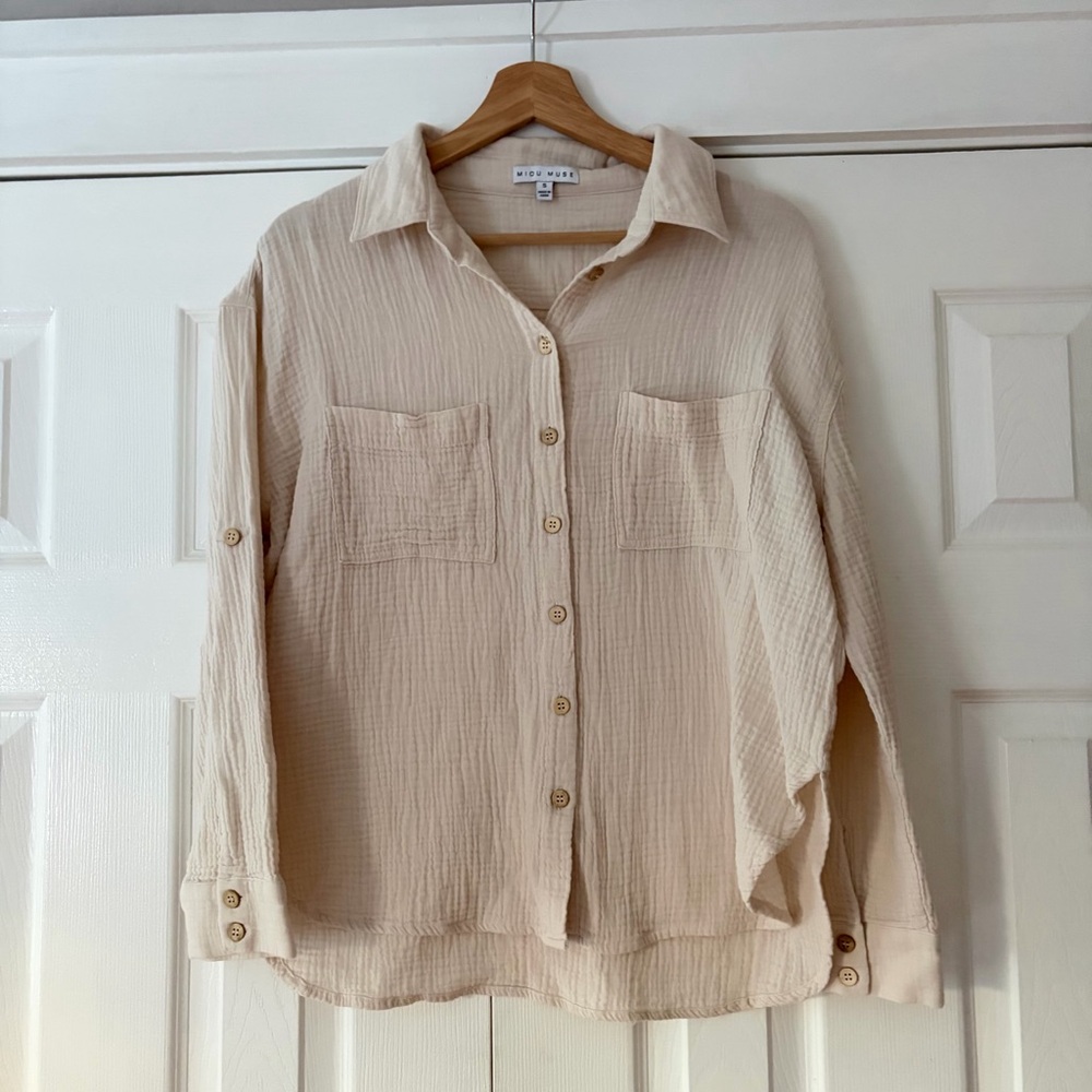 Miou Muse Cream Button-Up Cotton Shirt‎ Size Small NWOT
